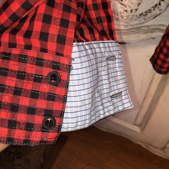 Men’s Sovereign CODE  Black and Red Gingham Top Stitching Detailing Button Down - Picture 5 of 13